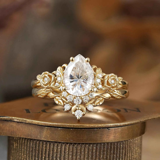 Pear Cut Moissanite Moon And Flower Inspired Bridal Ring Set