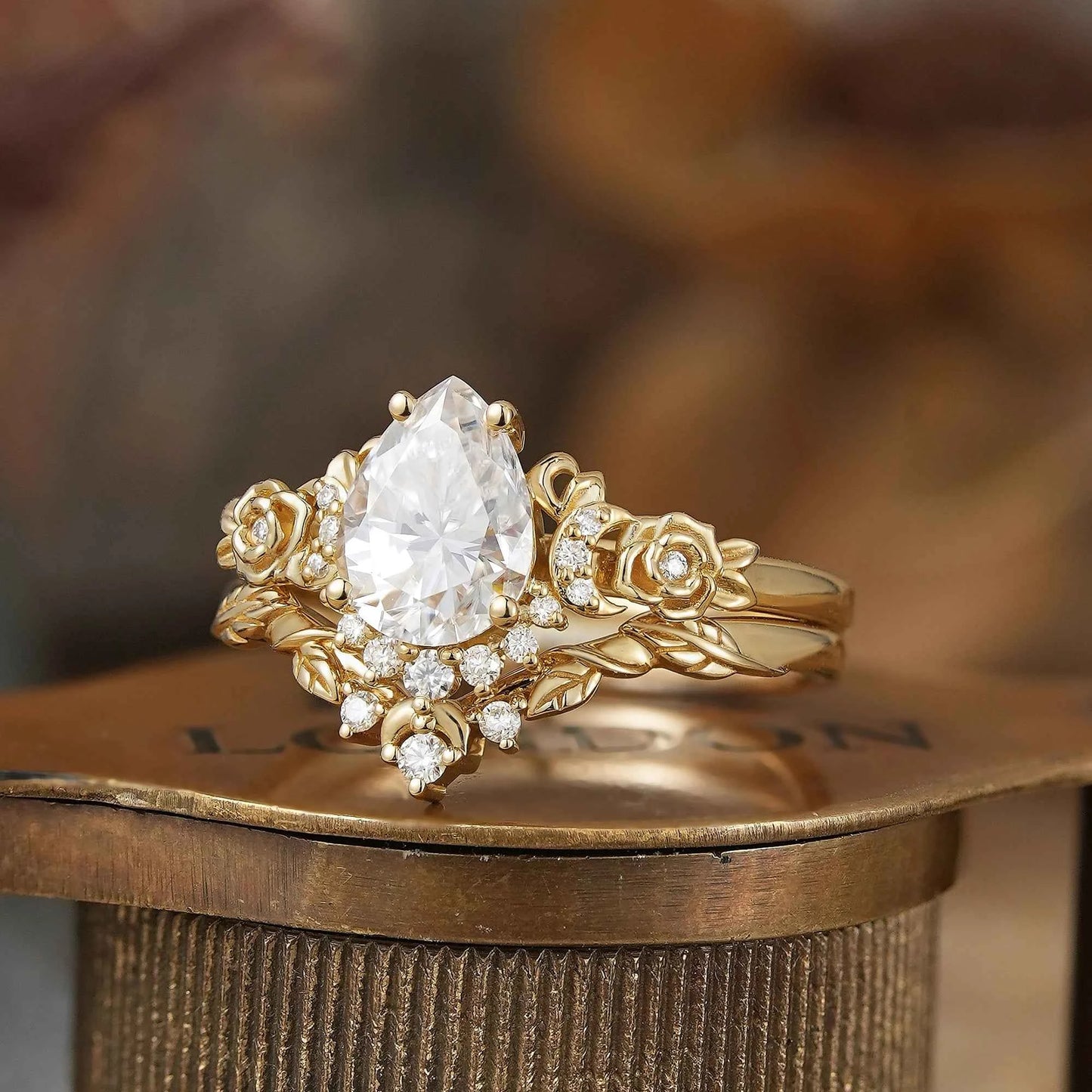 Pear Cut Moissanite Moon And Flower Inspired Bridal Ring Set