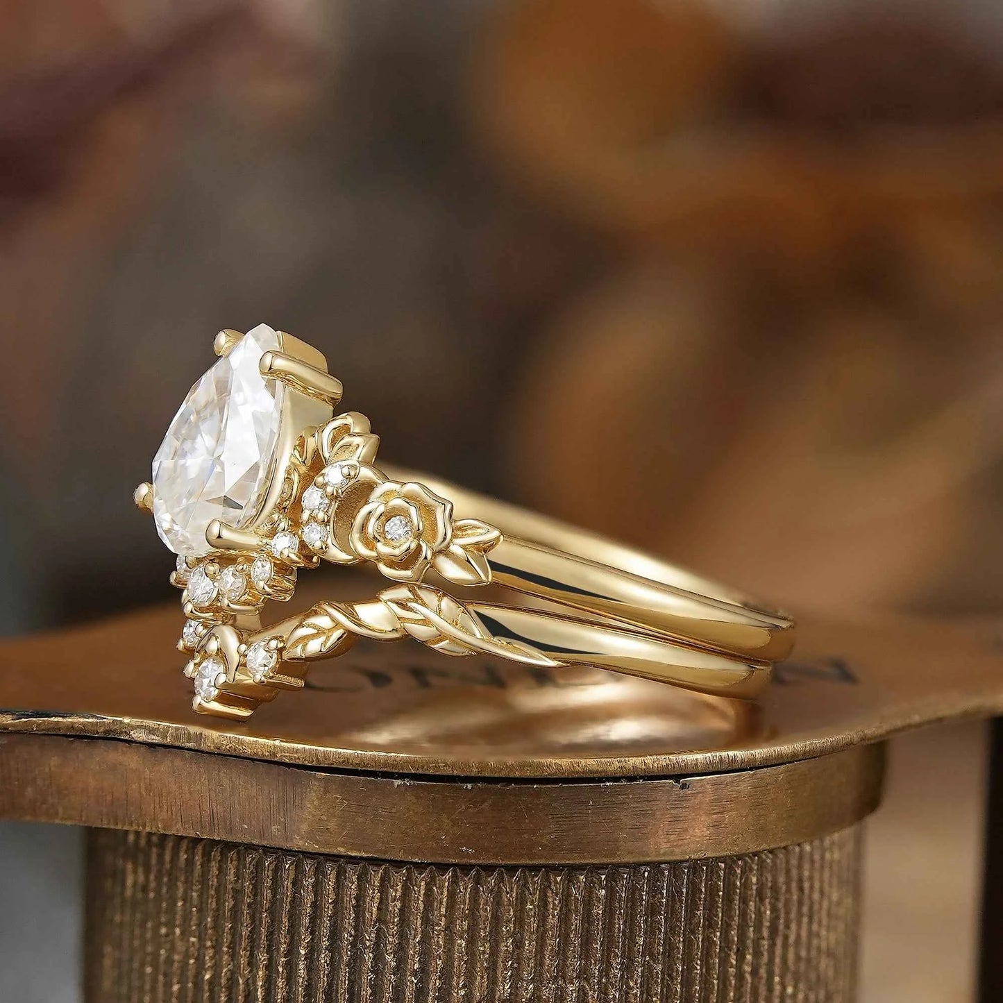 Pear Cut Moissanite Moon And Flower Inspired Bridal Ring Set