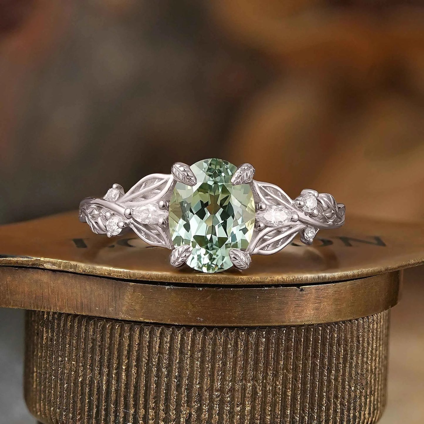 Oval Cut Green Sapphire Leaf Claws Nature Inspired Engagement Ring