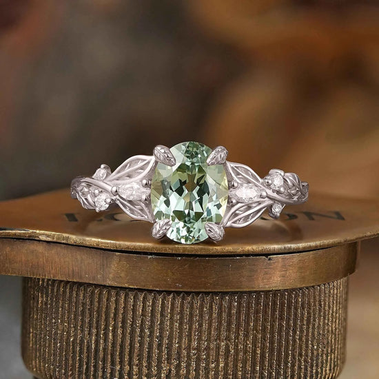 Oval Cut Green Sapphire Leaf Claws Nature Inspired Engagement Ring