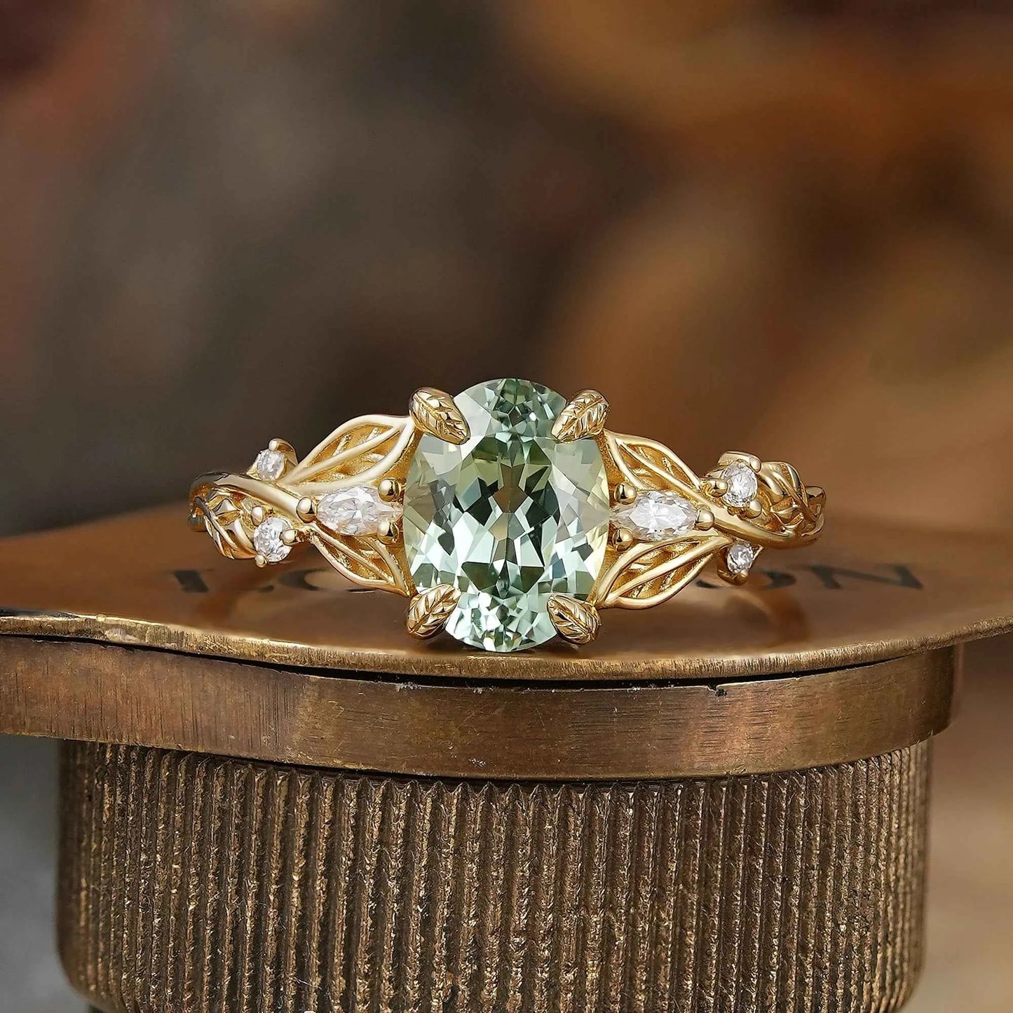 Oval Cut Green Sapphire Leaf Claws Nature Inspired Engagement Ring