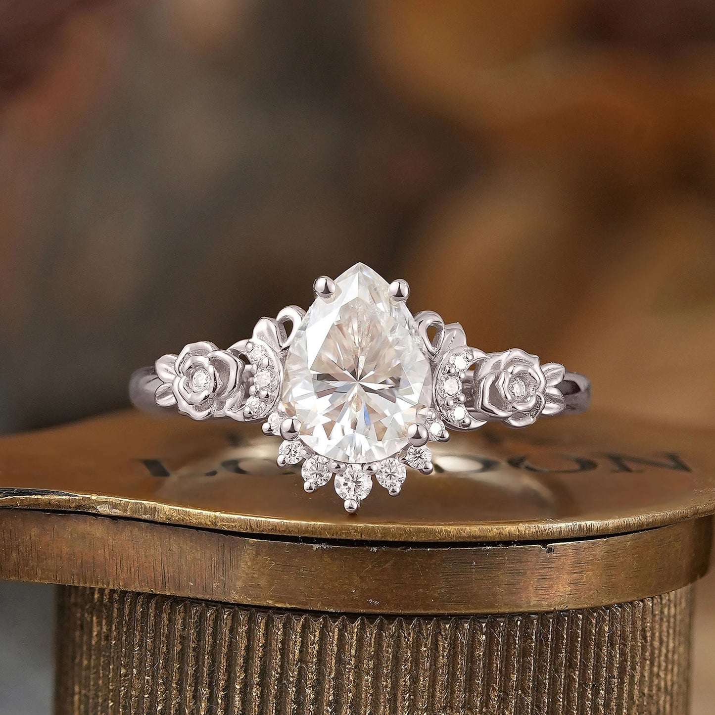 Pear-Shaped Moissanite Moon Inspired Ring Rose Blossom Engagement Ring