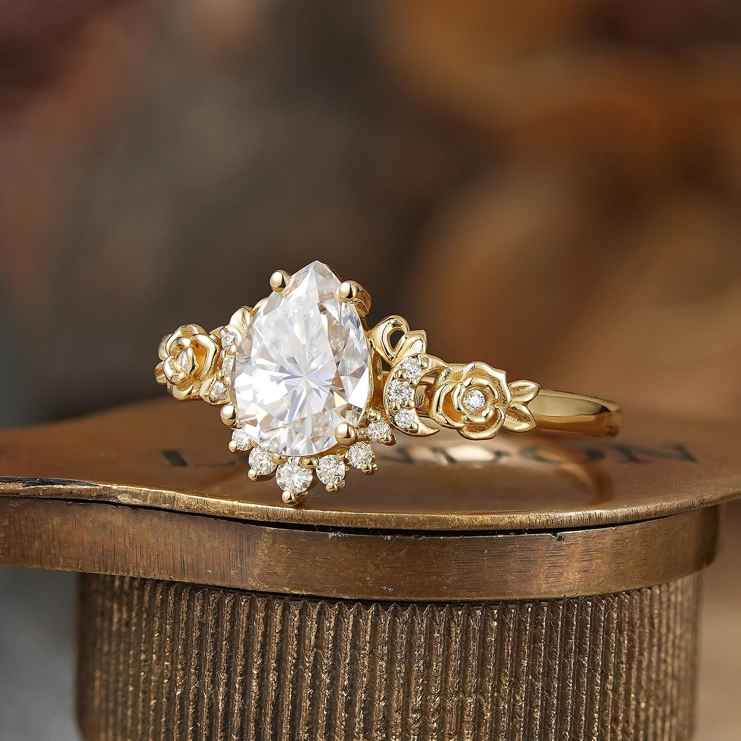 Pear-Shaped Moissanite Moon Inspired Ring Rose Blossom Engagement Ring