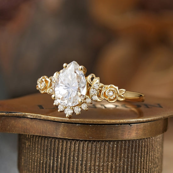 Pear-Shaped Moissanite Moon Inspired Ring Rose Blossom Engagement Ring