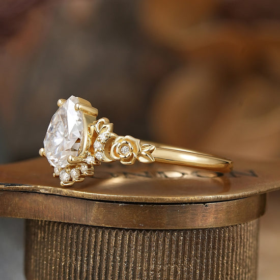 Pear-Shaped Moissanite Moon Inspired Ring Rose Blossom Engagement Ring