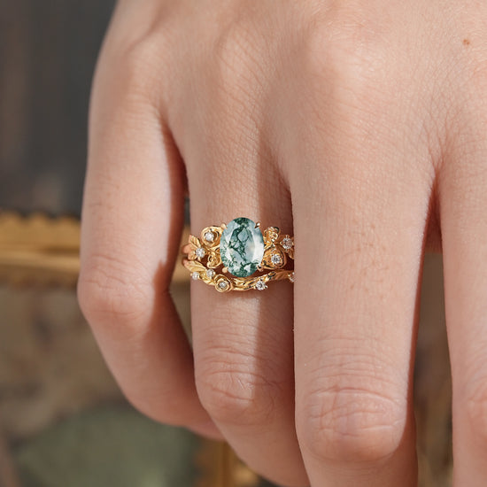 Oval Cut Moss Agate Rose Blossom Inspired Bridal Ring Set