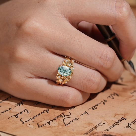 Oval Cut Moss Agate Rose Blossom Inspired Bridal Ring Set