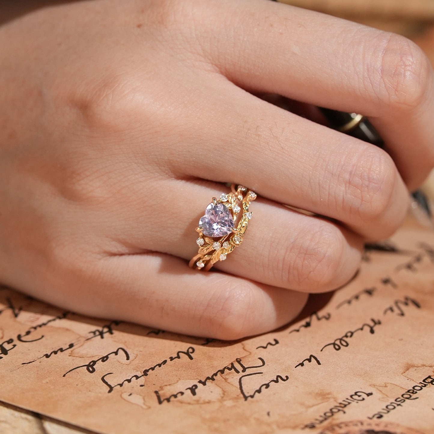 Heart-Shaped Lavender Sapphire Nature Inspired with Elegant Leaf Design Bridal Ring Set