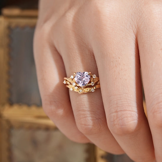 Heart-Shaped Lavender Sapphire Nature Inspired with Elegant Leaf Design Bridal Ring Set