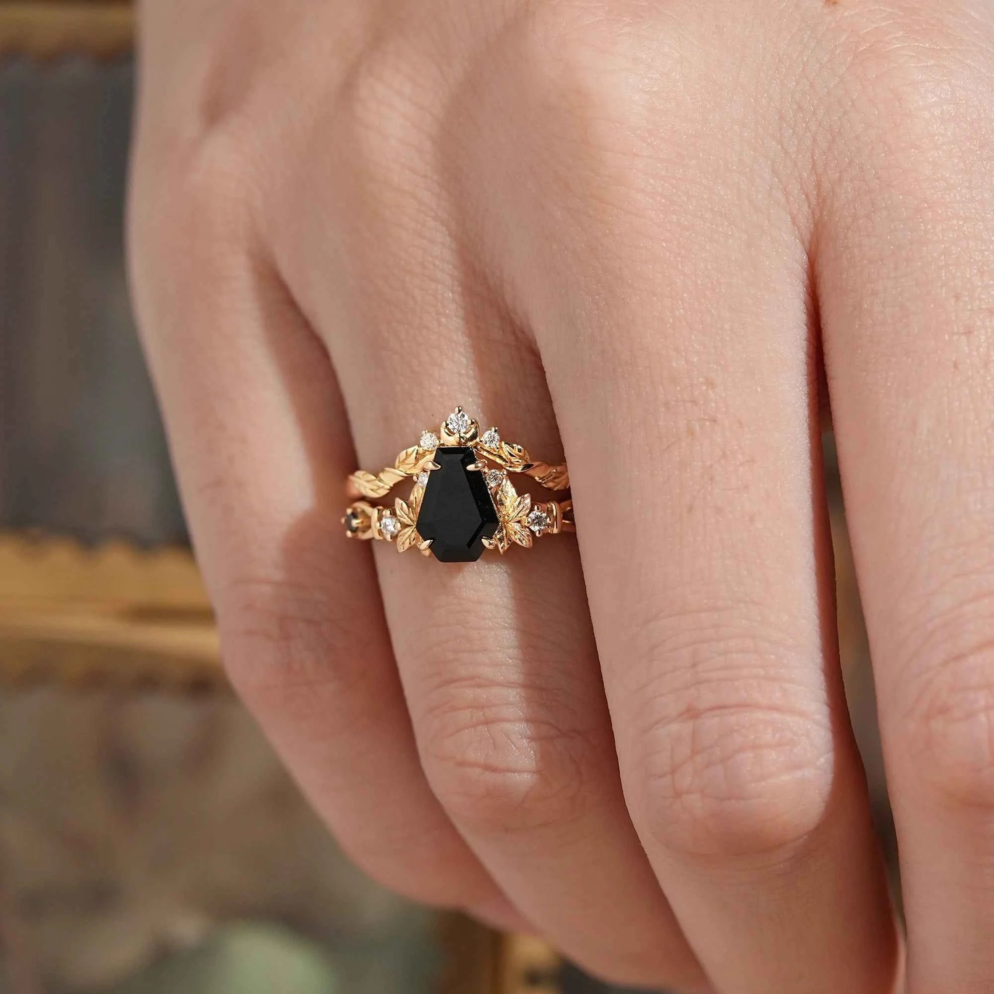 Coffin Cut Onyx Leaf And Moon Inspired Bridal Ring Set - Khaleesi