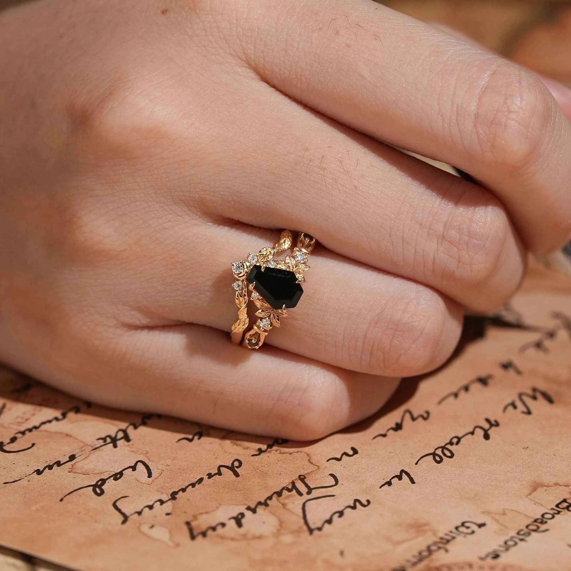 Coffin Cut Onyx Leaf And Moon Inspired Bridal Ring Set - Khaleesi