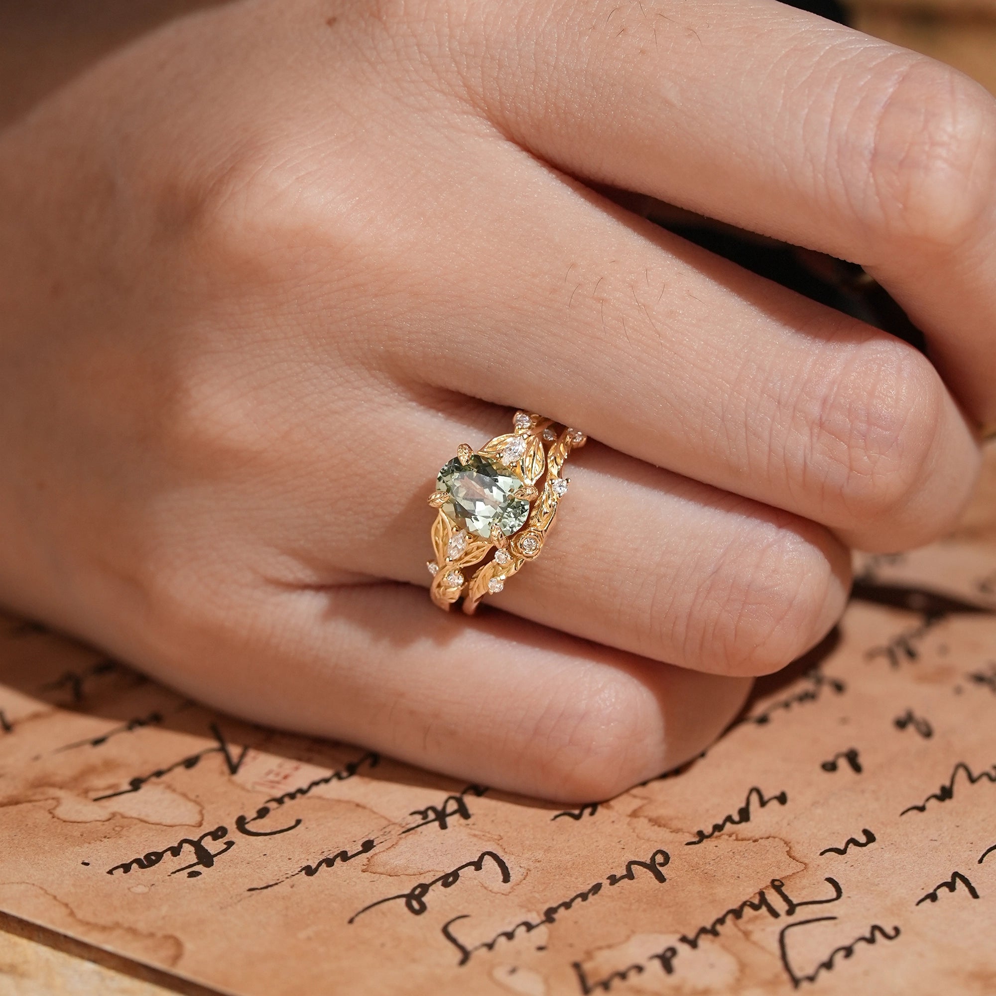 Oval Cut Green Sapphire Leaf And Flower Inspired Bridal Ring Set - Glinda