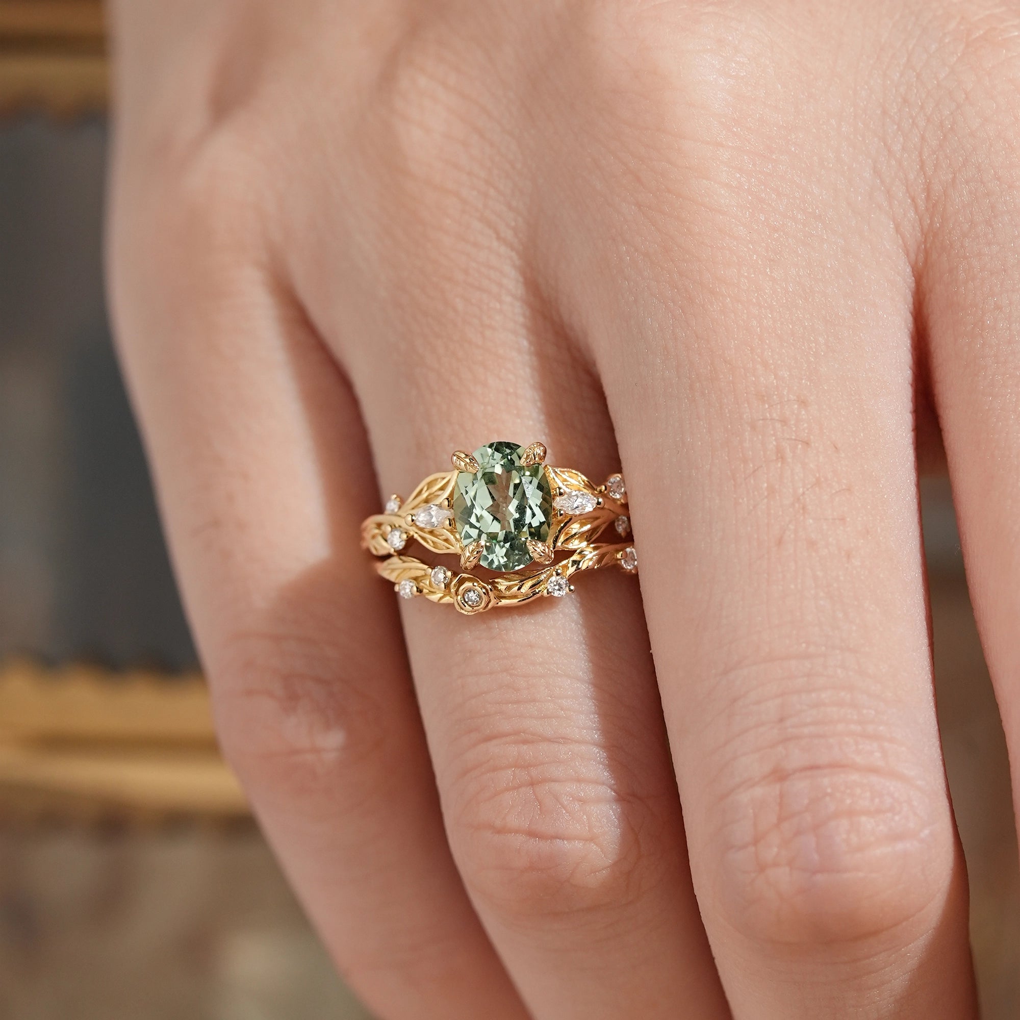 Oval Cut Green Sapphire Leaf And Flower Inspired Bridal Ring Set - Glinda