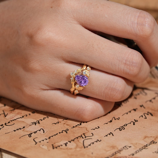 Pear Cut Purple Sapphire Sparkle Cut Leaf And Moon Inspired Bridal Ring Set