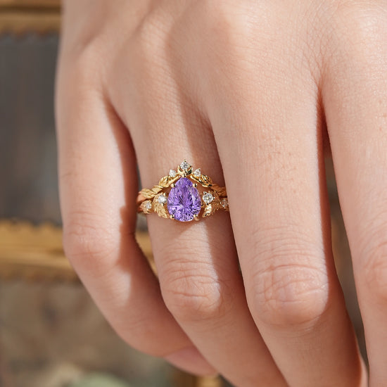Pear Cut Purple Sapphire Sparkle Cut Leaf And Moon Inspired Bridal Ring Set