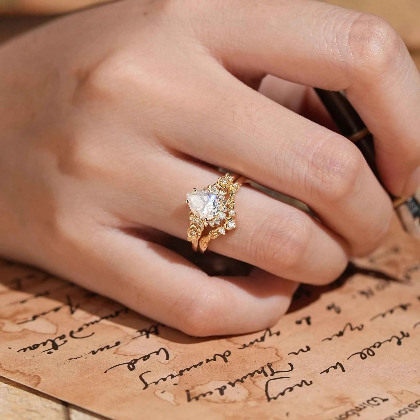 Pear Cut Moissanite Moon And Flower Inspired Bridal Ring Set