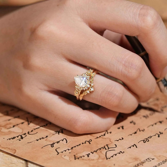 Pear Cut Moissanite Moon And Flower Inspired Bridal Ring Set