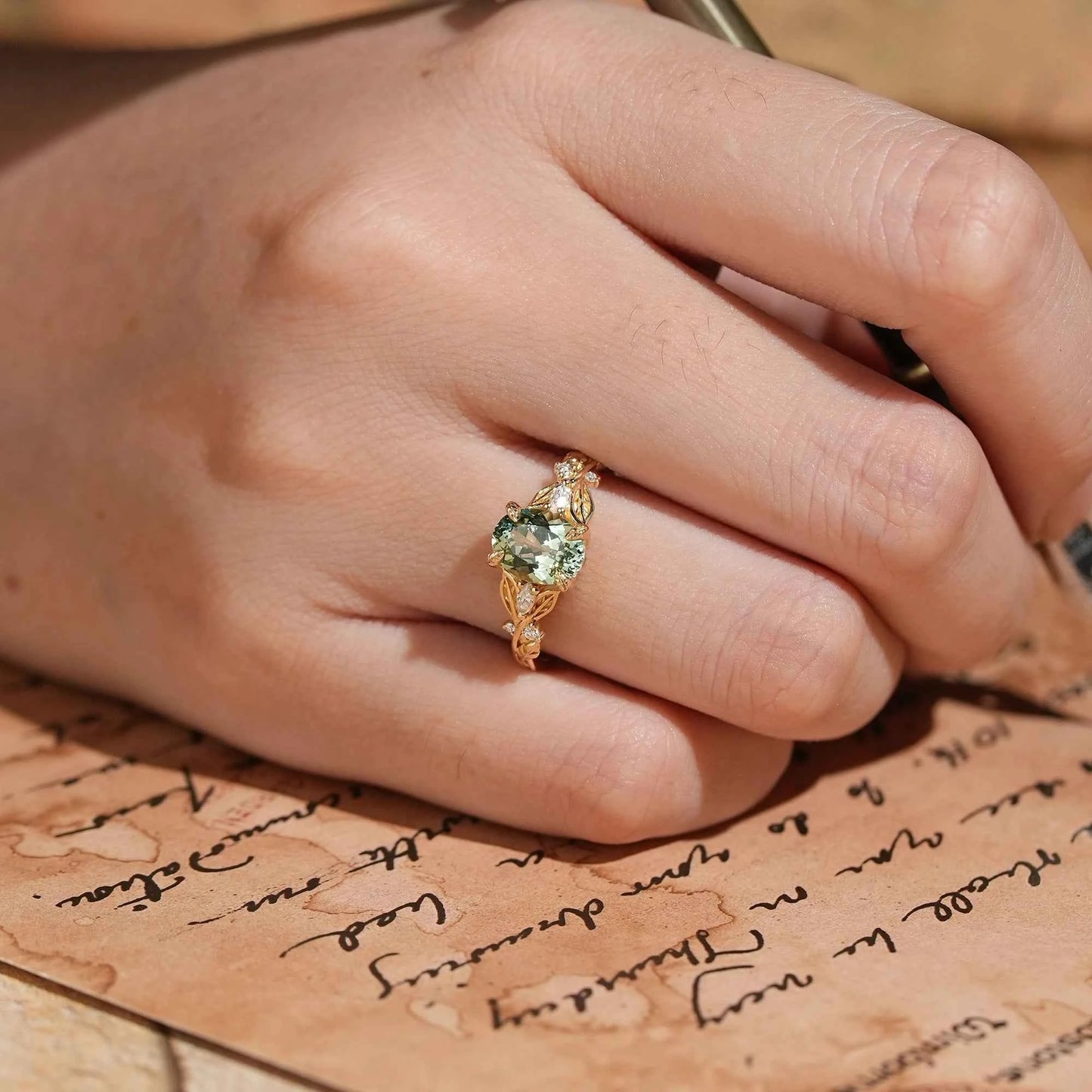 Oval Cut Green Sapphire Leaf Claws Nature Inspired Engagement Ring