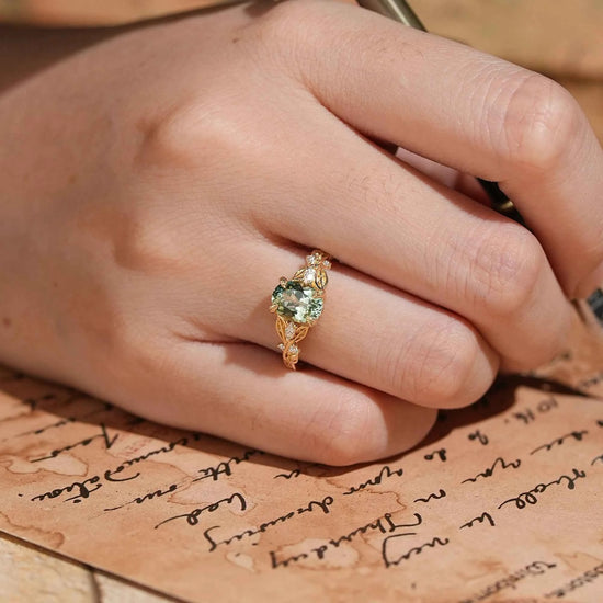 Oval Cut Green Sapphire Leaf Claws Nature Inspired Engagement Ring