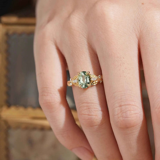 Oval Cut Green Sapphire Leaf Claws Nature Inspired Engagement Ring