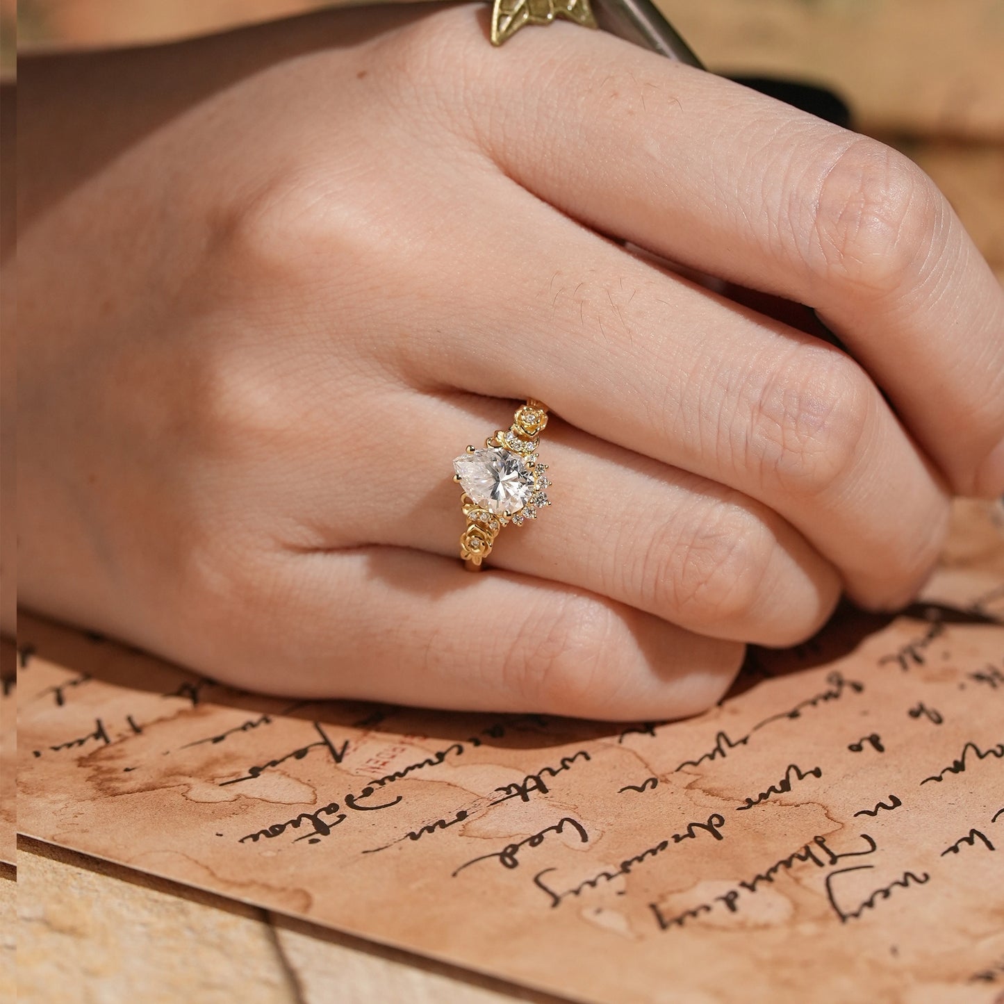 Pear-Shaped Moissanite Moon Inspired Ring Rose Blossom Engagement Ring