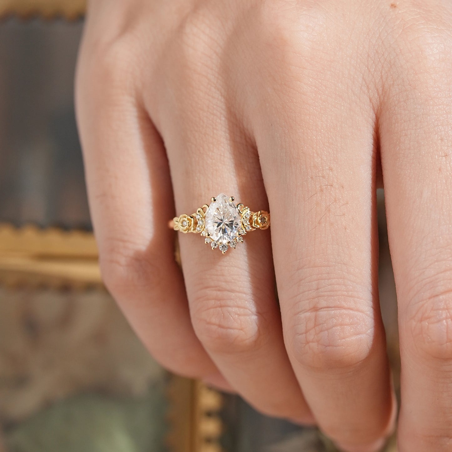 Pear-Shaped Moissanite Moon Inspired Ring Rose Blossom Engagement Ring