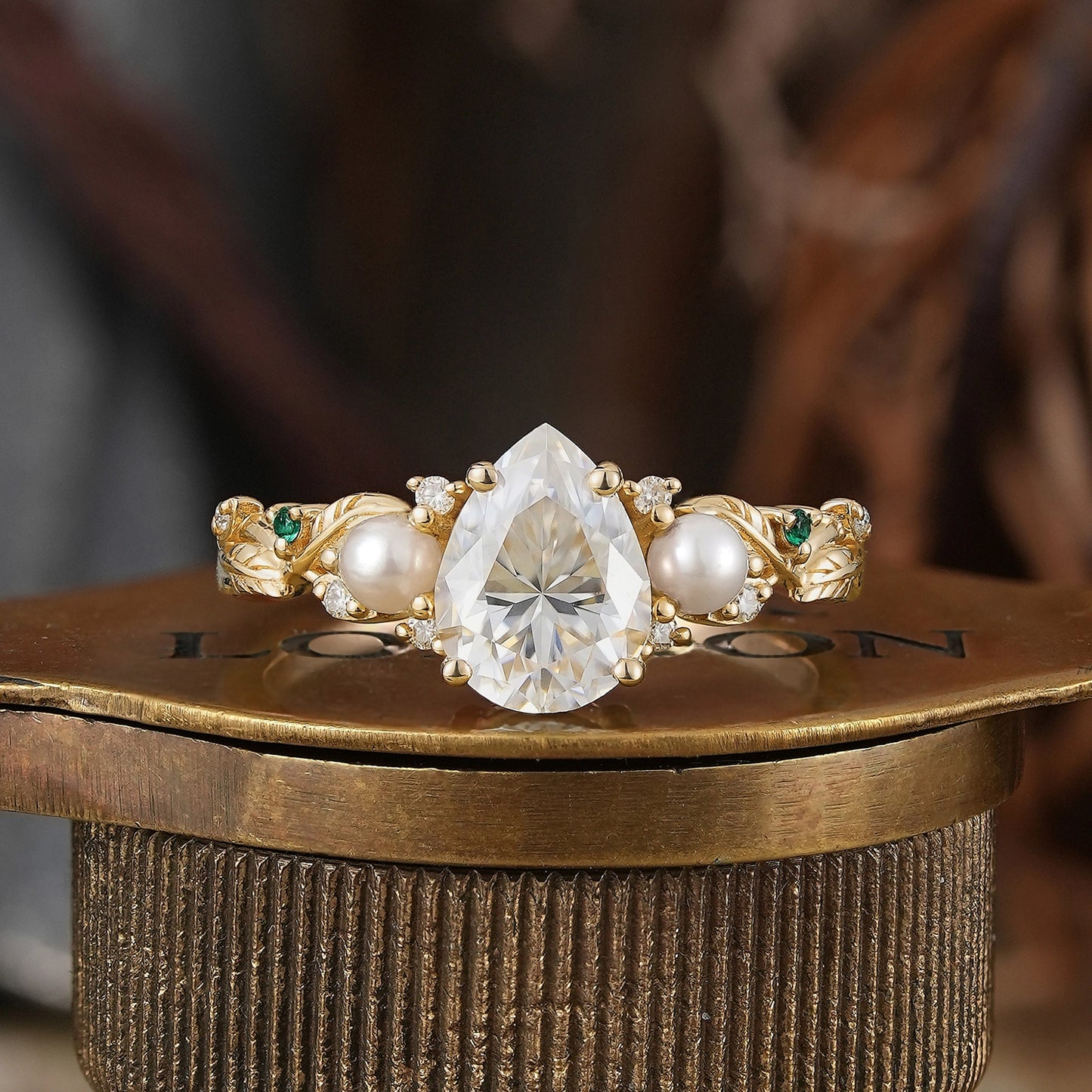 Vintage Pear Cut Moissanite And Pearl Leaf Engagement Ring