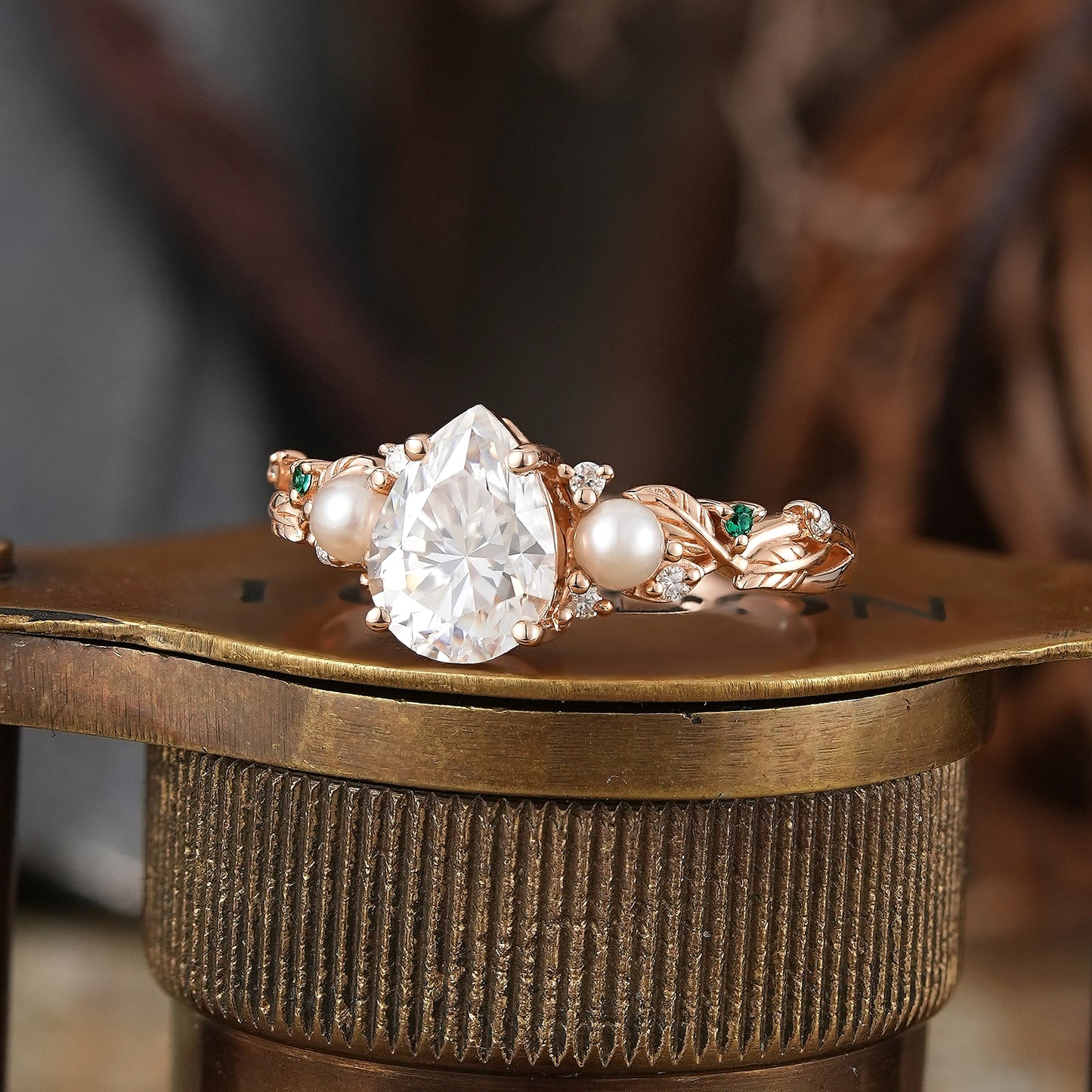 Vintage Pear Cut Moissanite And Pearl Leaf Engagement Ring