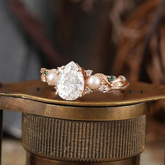 Vintage Pear Cut Moissanite And Pearl Leaf Engagement Ring