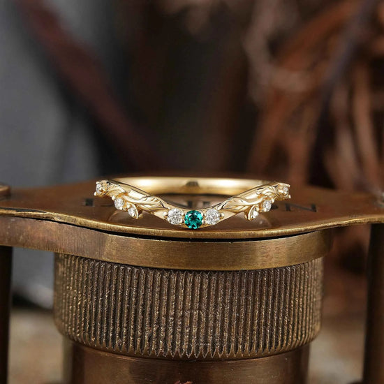Lab Emerald Wedding Band Leaf Inspired Curved Wedding Ring