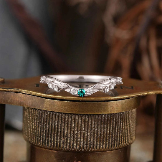 Lab Emerald Wedding Band Leaf Inspired Curved Wedding Ring