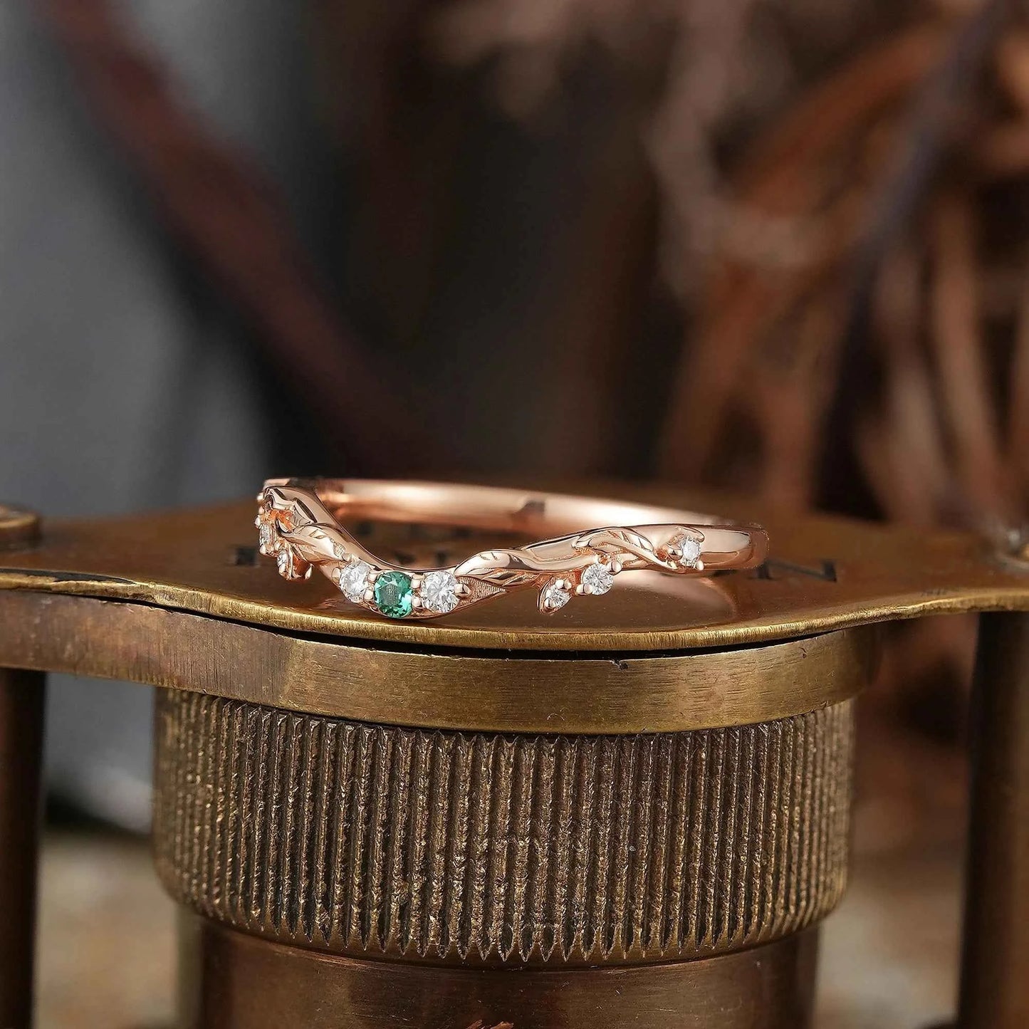 Lab Emerald Wedding Band Leaf Inspired Curved Wedding Ring