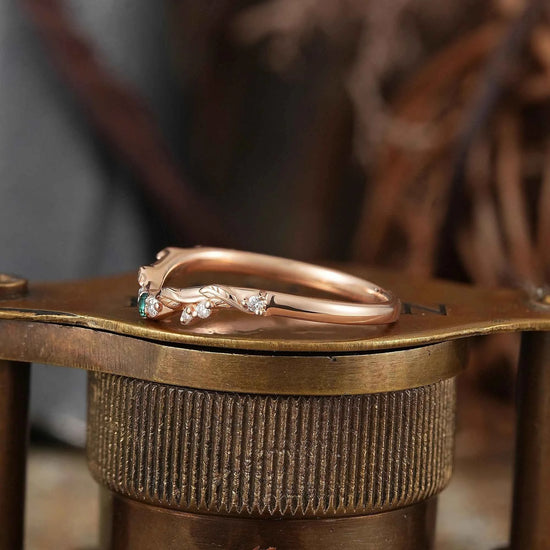 Lab Emerald Wedding Band Leaf Inspired Curved Wedding Ring