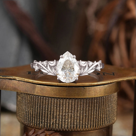 Nature Inspired Pear Cut Moissanite Elven Ring Moon Engagement Ring