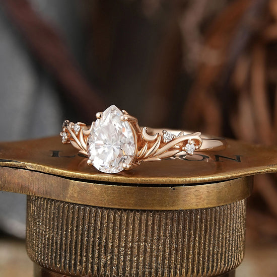Nature Inspired Pear Cut Moissanite Elven Ring Moon Engagement Ring