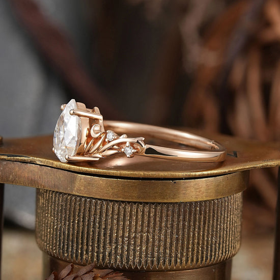 Nature Inspired Pear Cut Moissanite Elven Ring Moon Engagement Ring