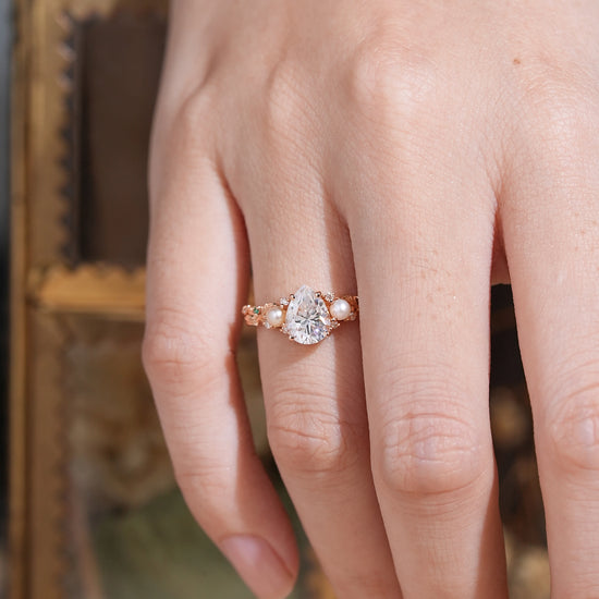 Vintage Pear Cut Moissanite And Pearl Leaf Engagement Ring