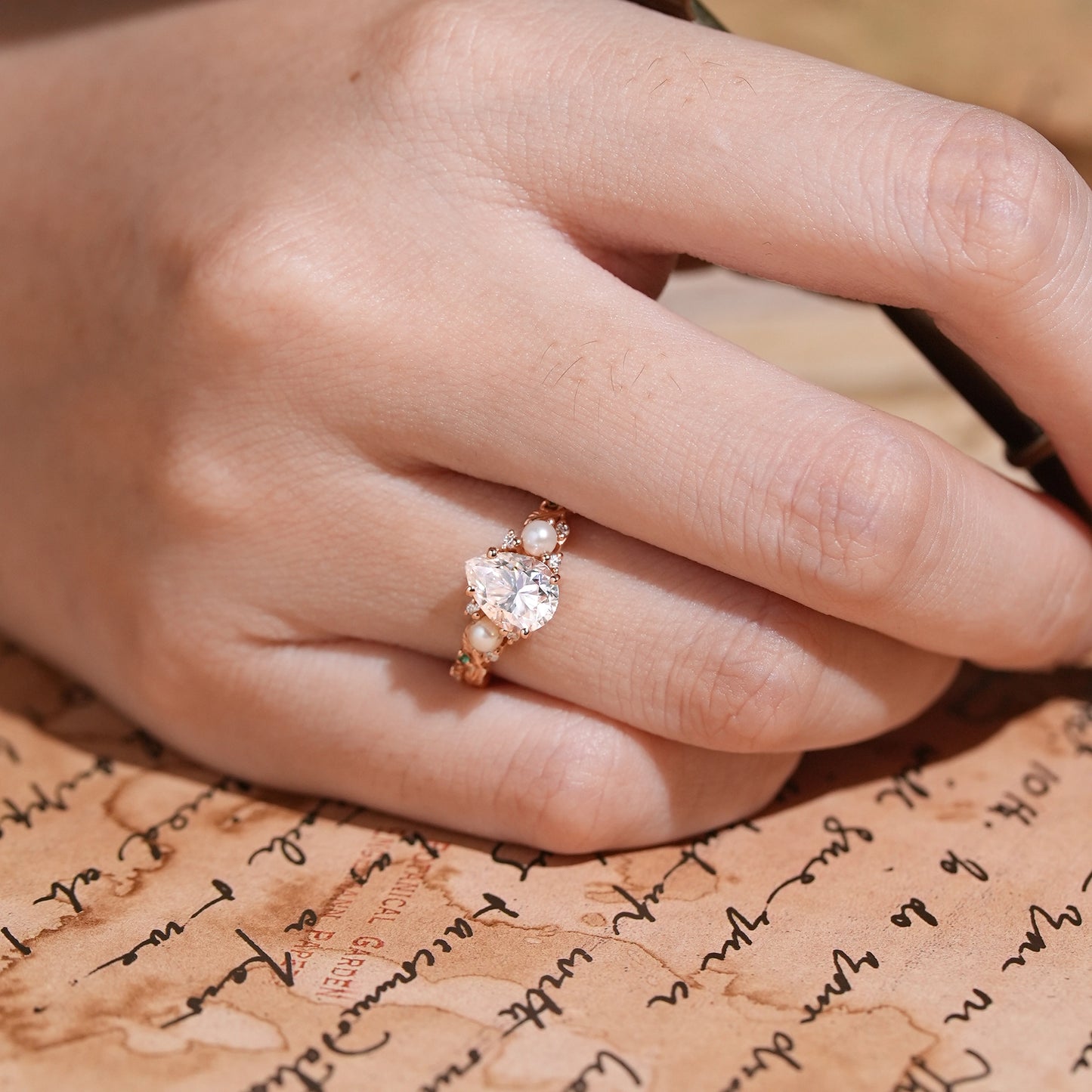 Vintage Pear Cut Moissanite And Pearl Leaf Engagement Ring
