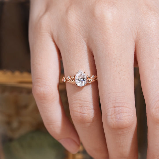 Nature Inspired Pear Cut Moissanite Elven Ring Moon Engagement Ring