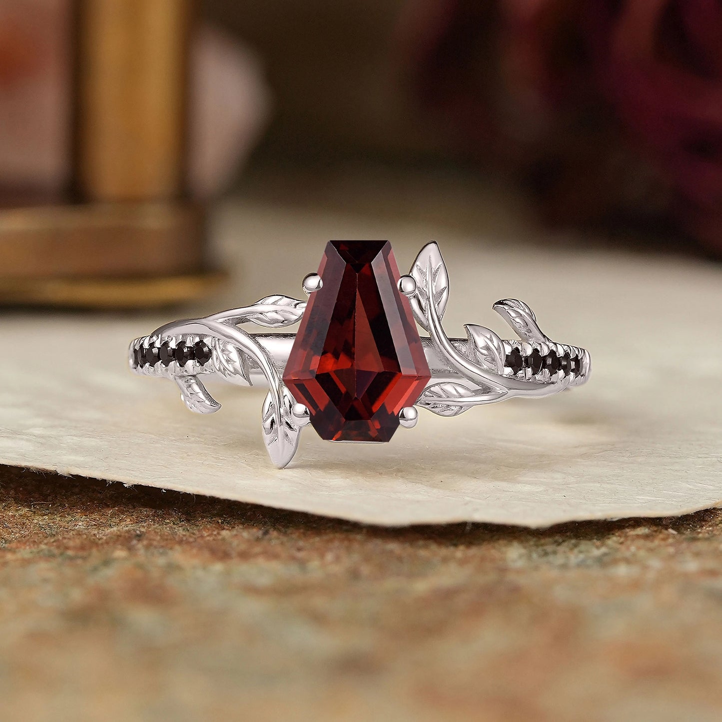 Unique Coffin Cut Garnet And Black Onyx Leaf Inspired Engagement Ring