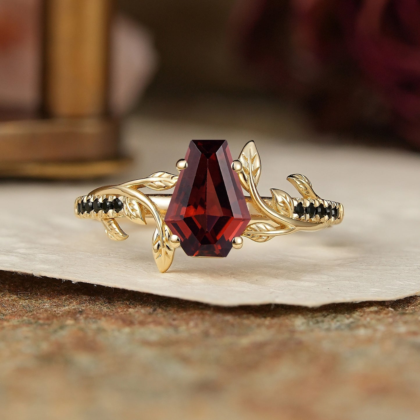 Unique Coffin Cut Garnet And Black Onyx Leaf Inspired Engagement Ring