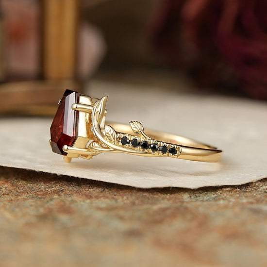 Unique Coffin Cut Garnet And Black Onyx Leaf Inspired Engagement Ring