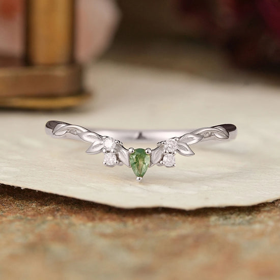 Nature Inspired Pear Shaped Moss Agate Curved Wedding Band - GemsMagic