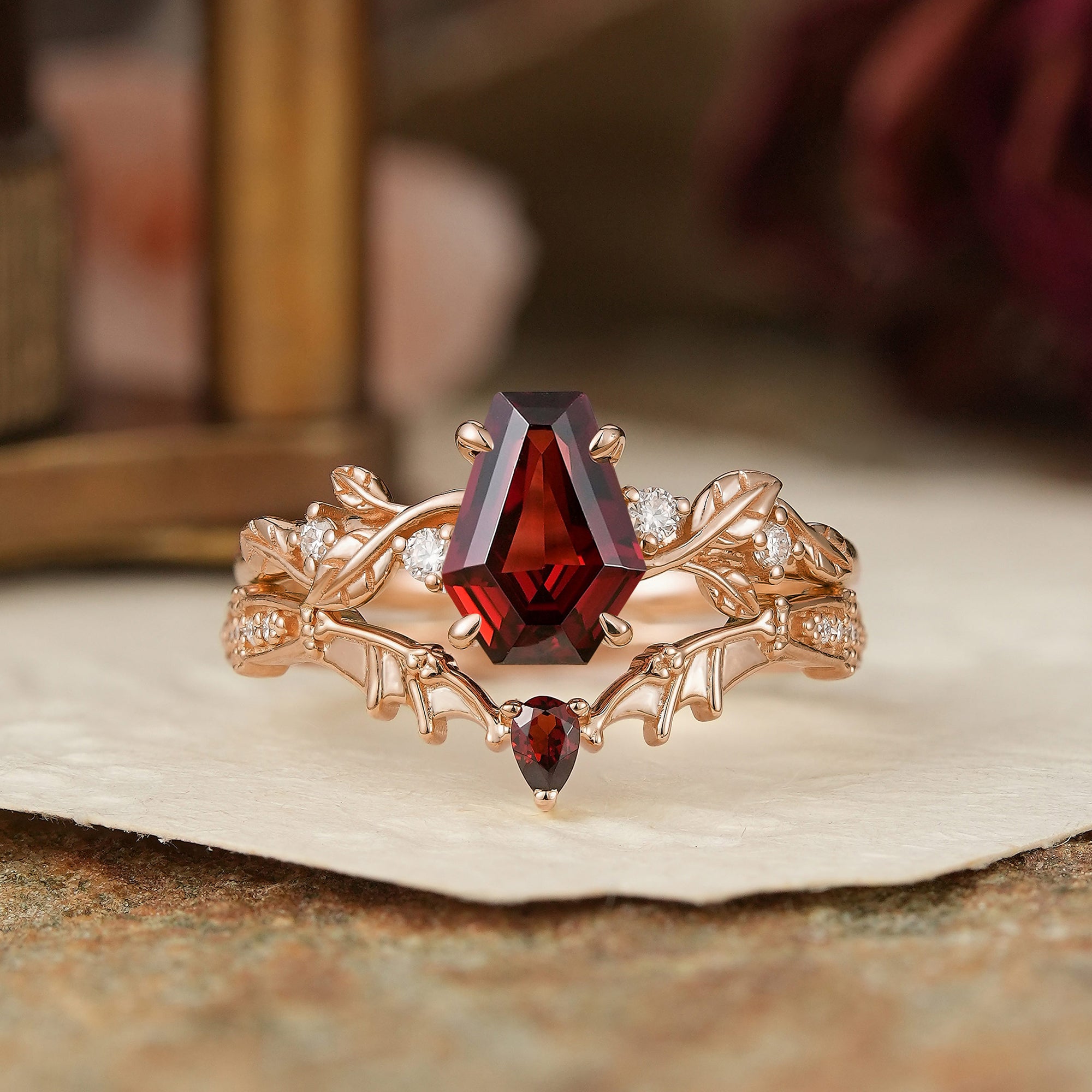Coffin Cut Garnet Leaf Inspired And Bat Wing Bridal Ring Set - Layla