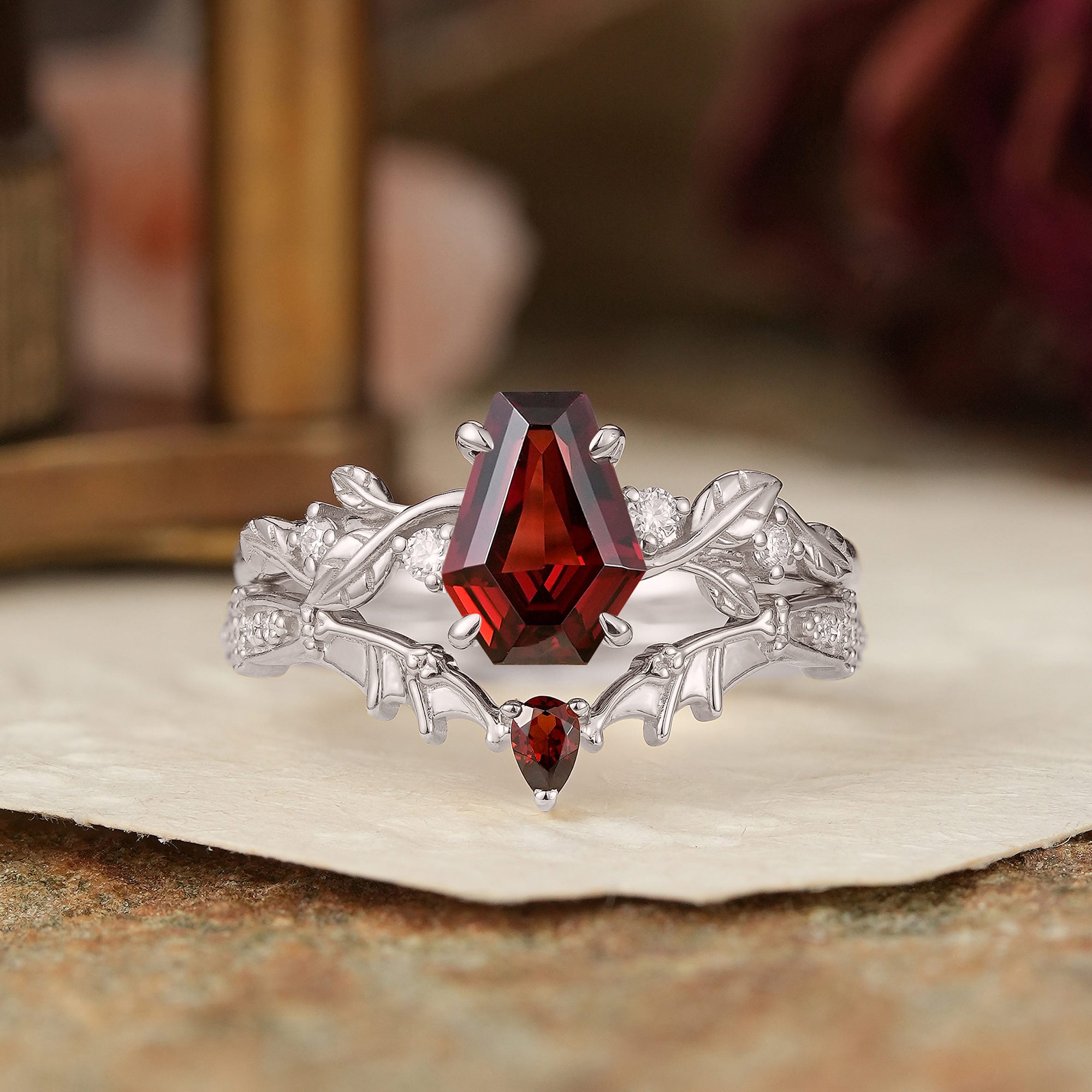 Coffin Cut Garnet Leaf Inspired And Bat Wing Bridal Ring Set - Layla