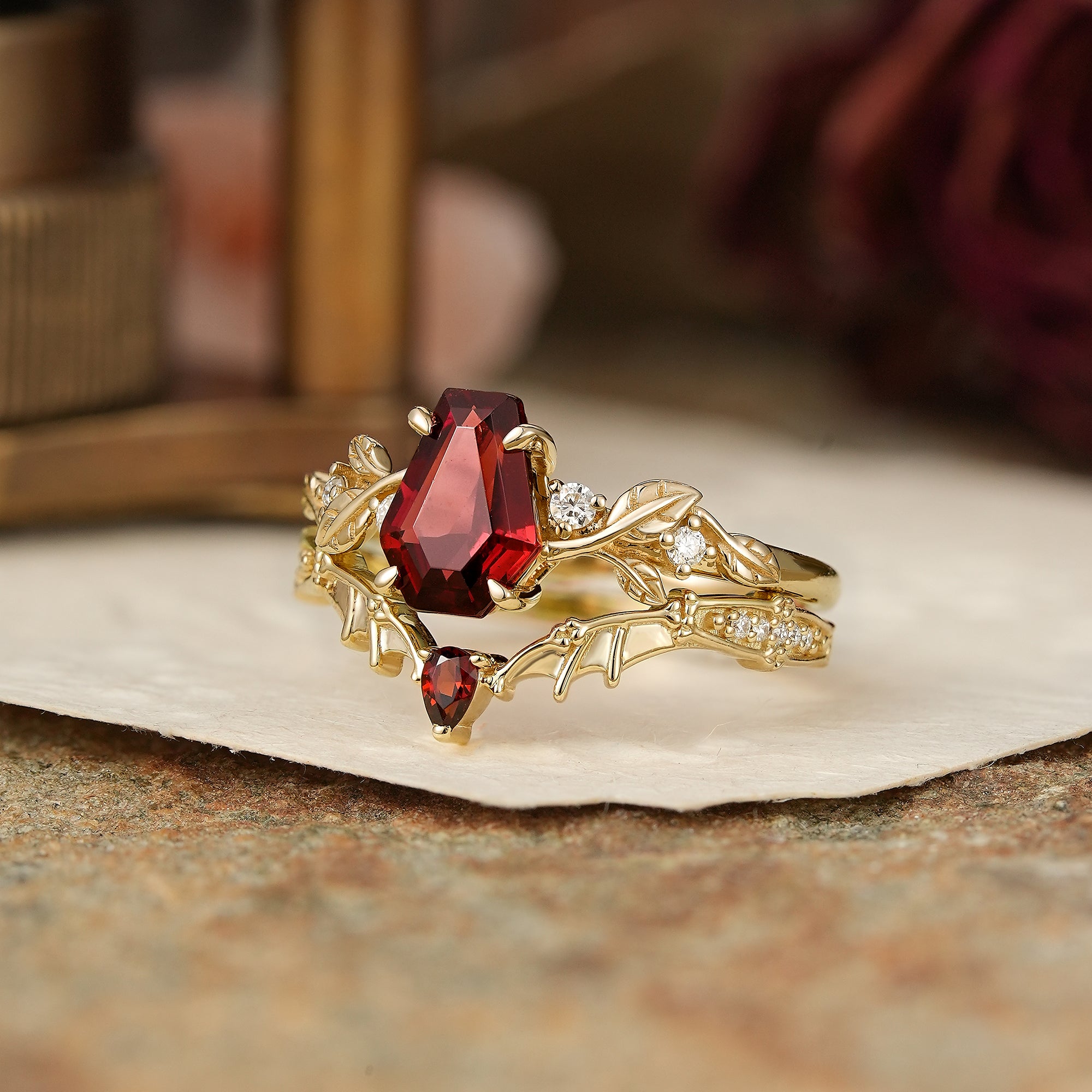 Coffin Cut Garnet Leaf Inspired And Bat Wing Bridal Ring Set - Layla