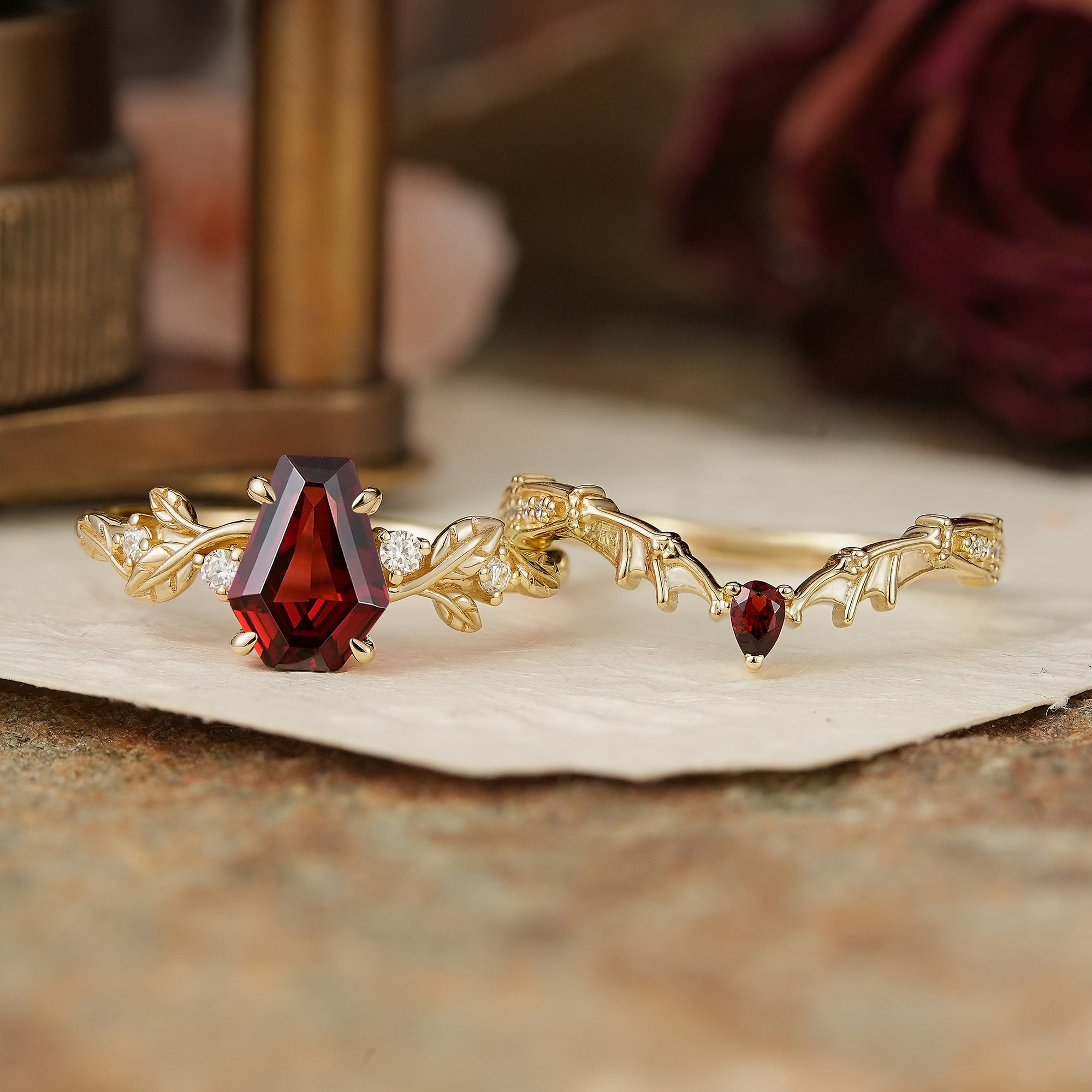 Coffin Cut Garnet Leaf Inspired And Bat Wing Bridal Ring Set - Layla