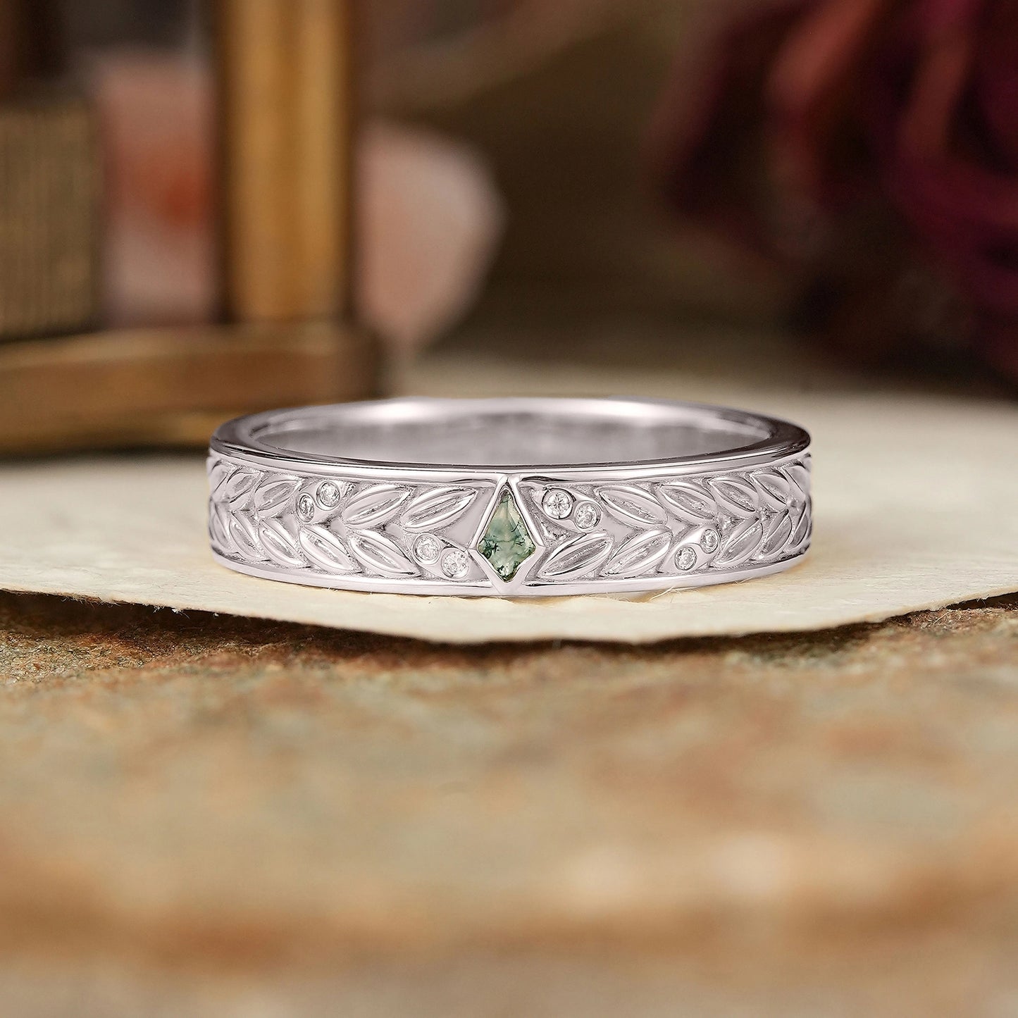 Kite Cut Bezel Moss Agate Leaf Inspired Men's Ring