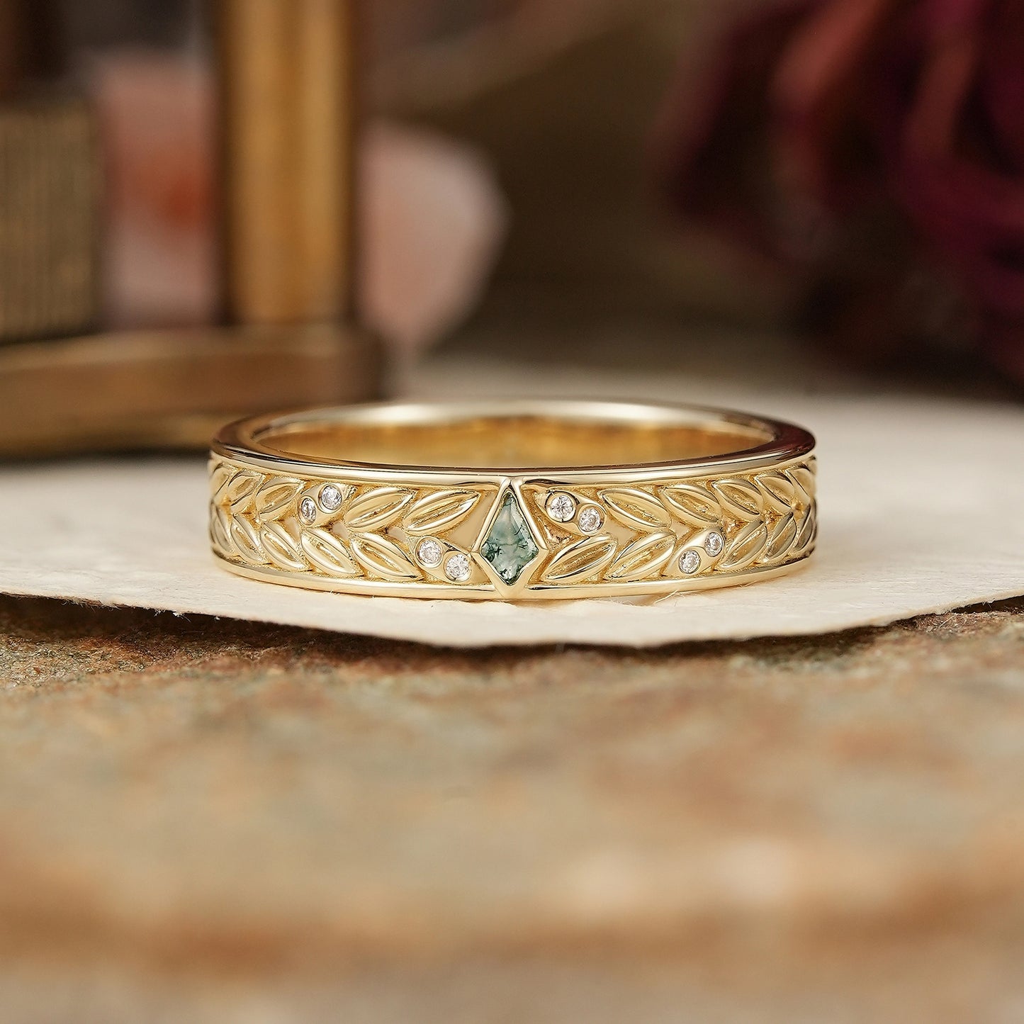 Kite Cut Bezel Moss Agate Leaf Inspired Men's Ring